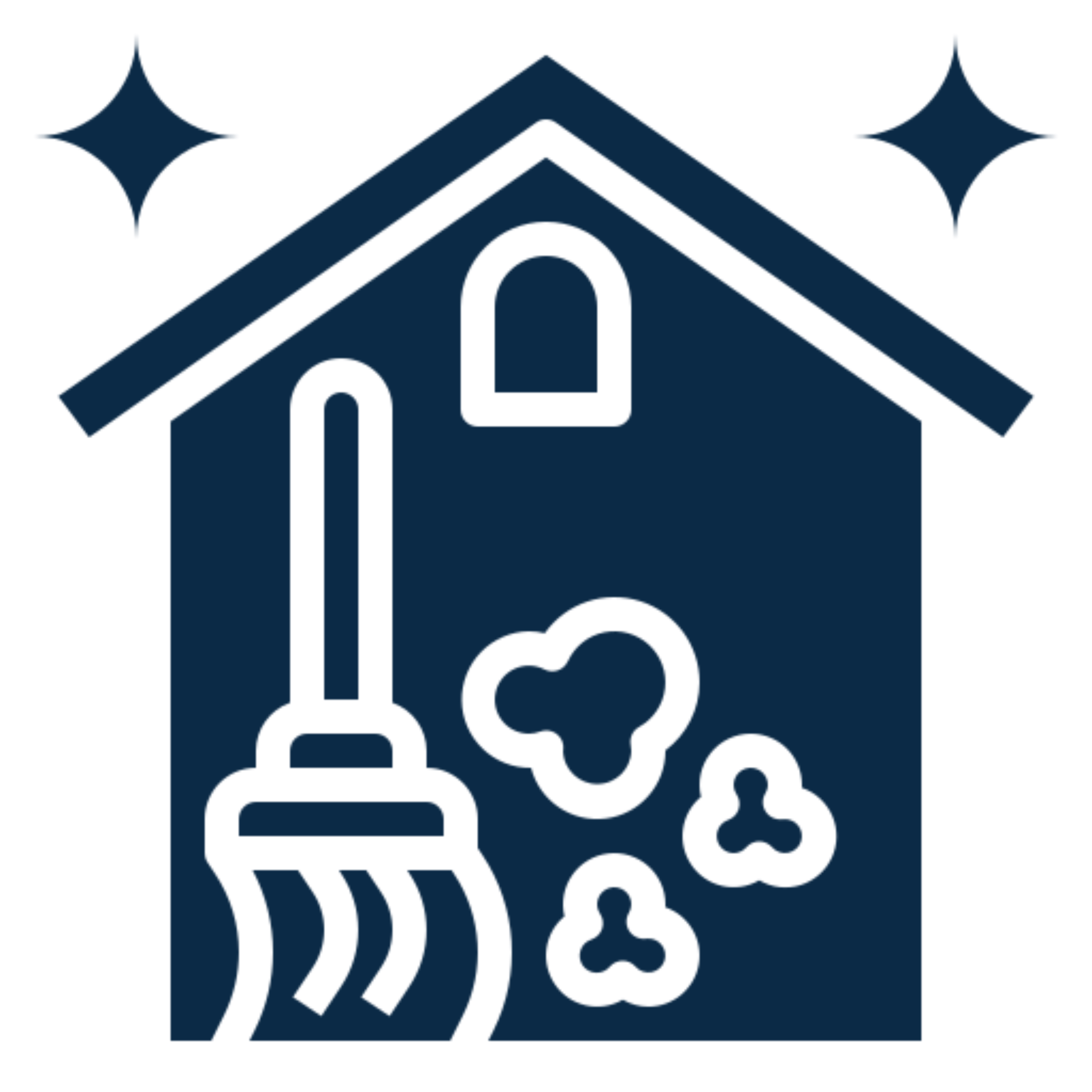 House cleaning icon with broom and sparkles.